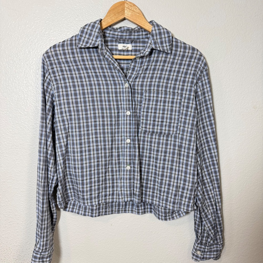 Aerie Plaid Cropped Button Up‎ Shirt Womens XS Blue Grey Long Sleeve Casual - Picture 7 of 8
